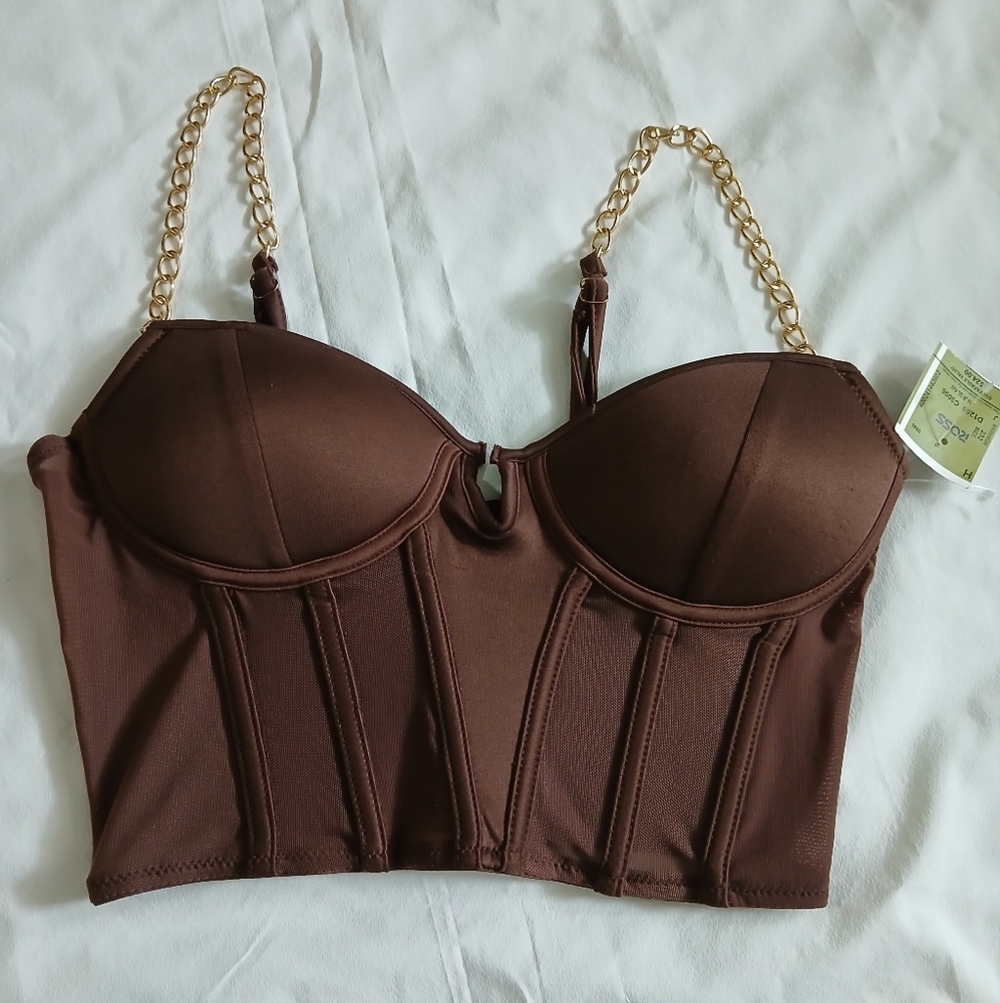 Say‎ What? Brown Crop Top with Gold Chain Straps